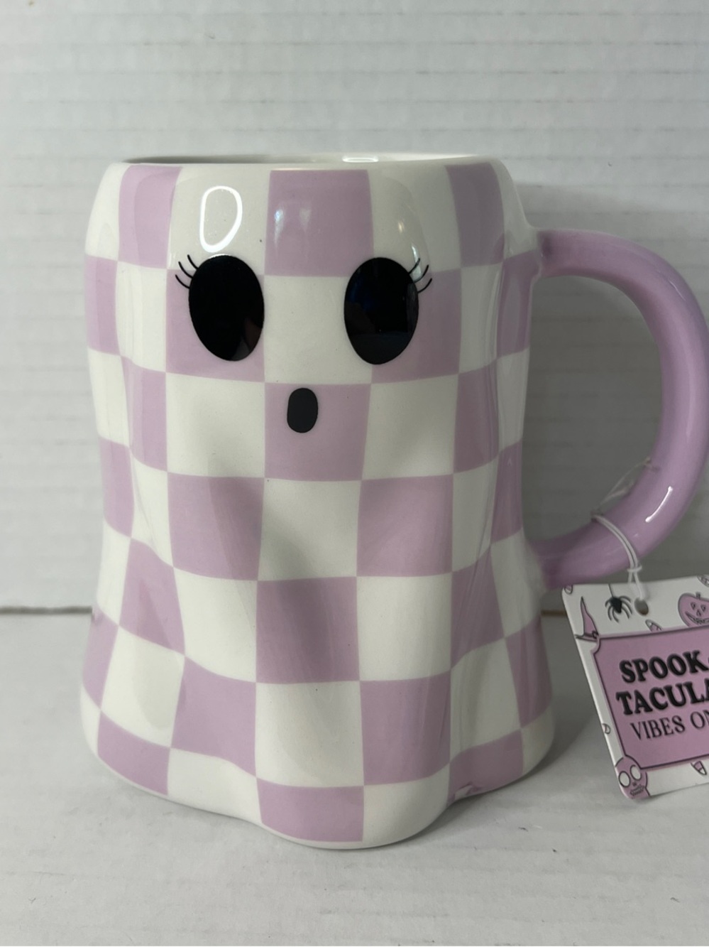 Sunday Morning Ceramics Halloween Lilac White Checkered Ghost Ceramic Mug New